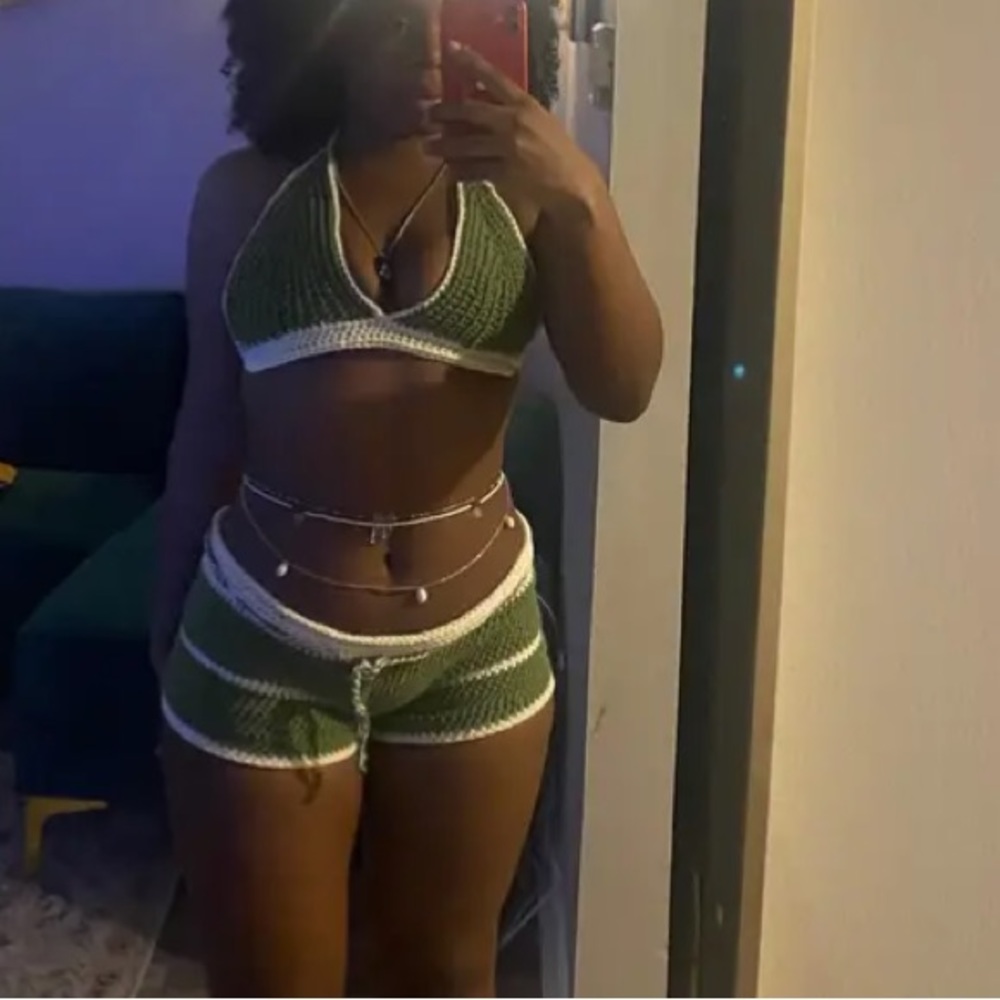 Green and cream colored crochet short set